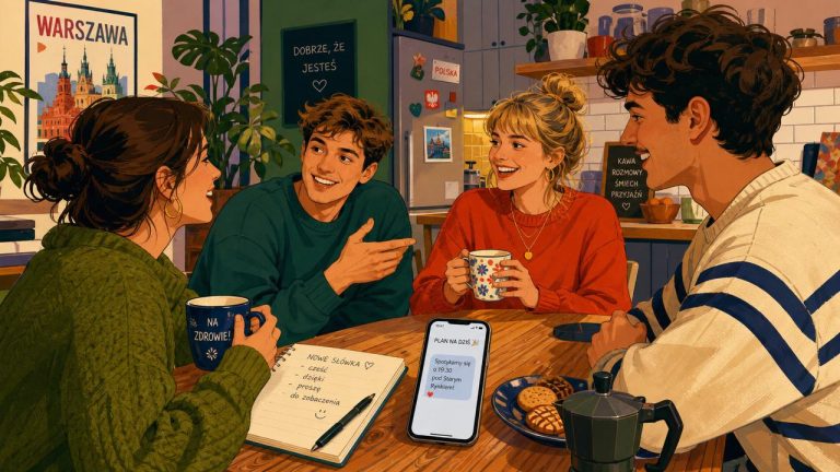 Polish friends chatting at a kitchen table with a beginner learner practicing everyday phrases before going out.