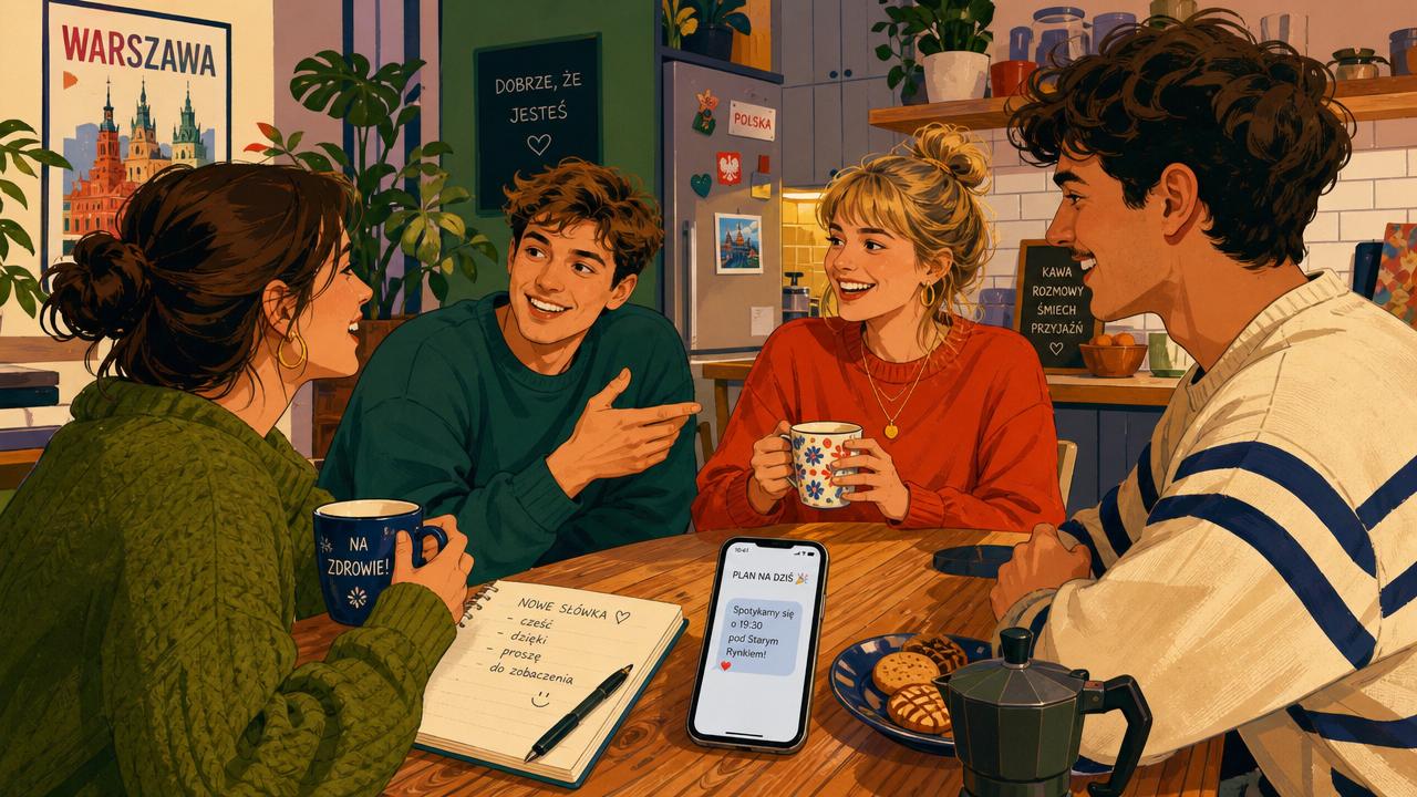 Polish friends chatting at a kitchen table with a beginner learner practicing everyday phrases before going out.