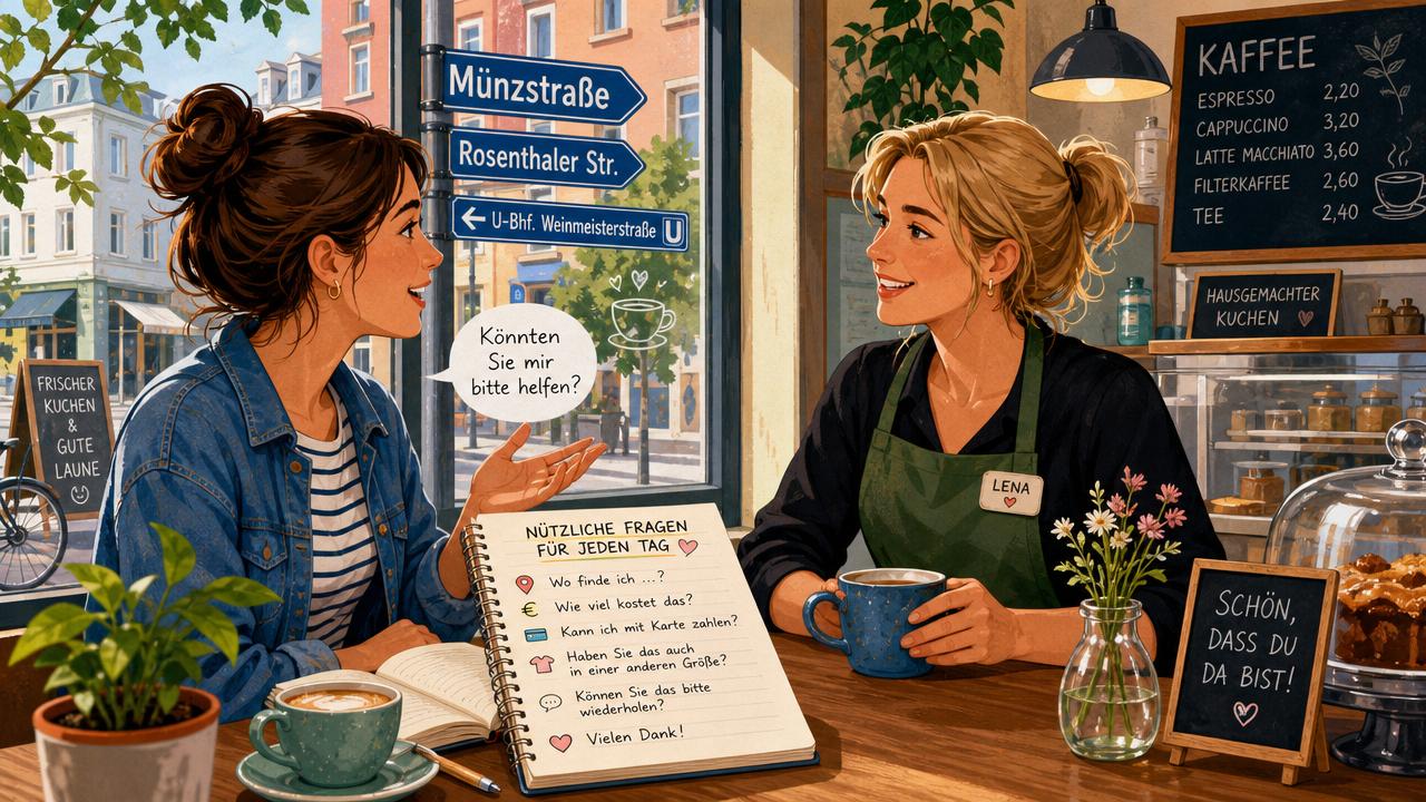 German language learner practicing everyday questions in a café with a notebook and conversation cues.