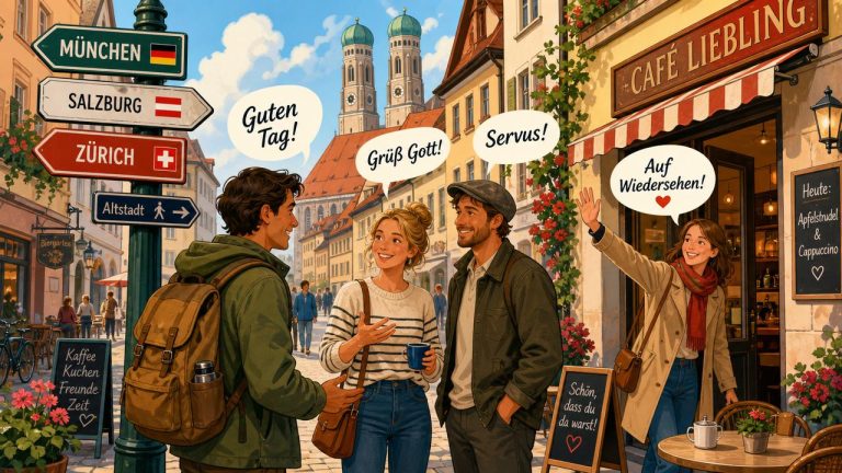 People greeting and saying goodbye in a German-speaking city street with casual everyday conversation.