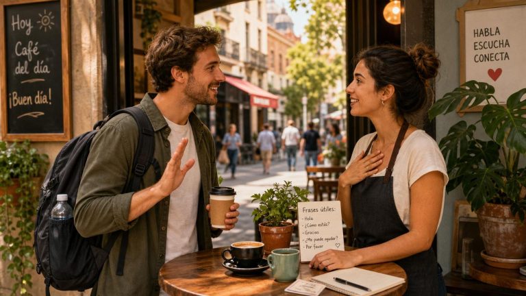 Two people having a friendly French conversation at a café table with coffee cups and travel bags nearby.