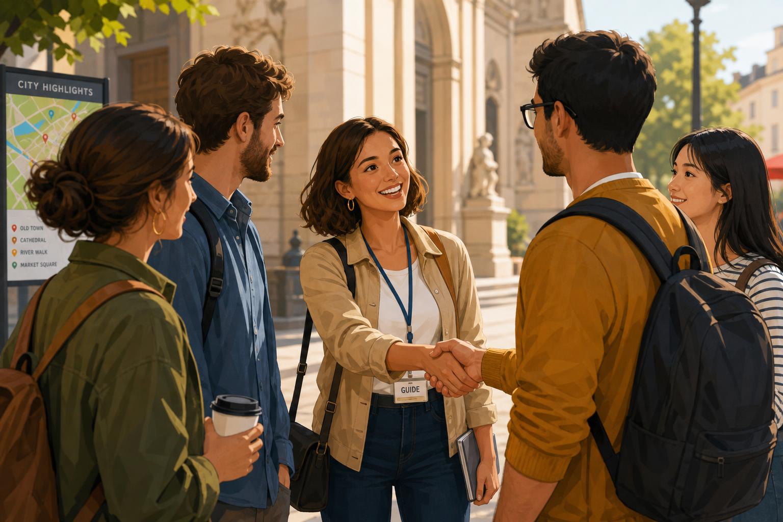 Travelers greeting each other during a casual French tour introduction.