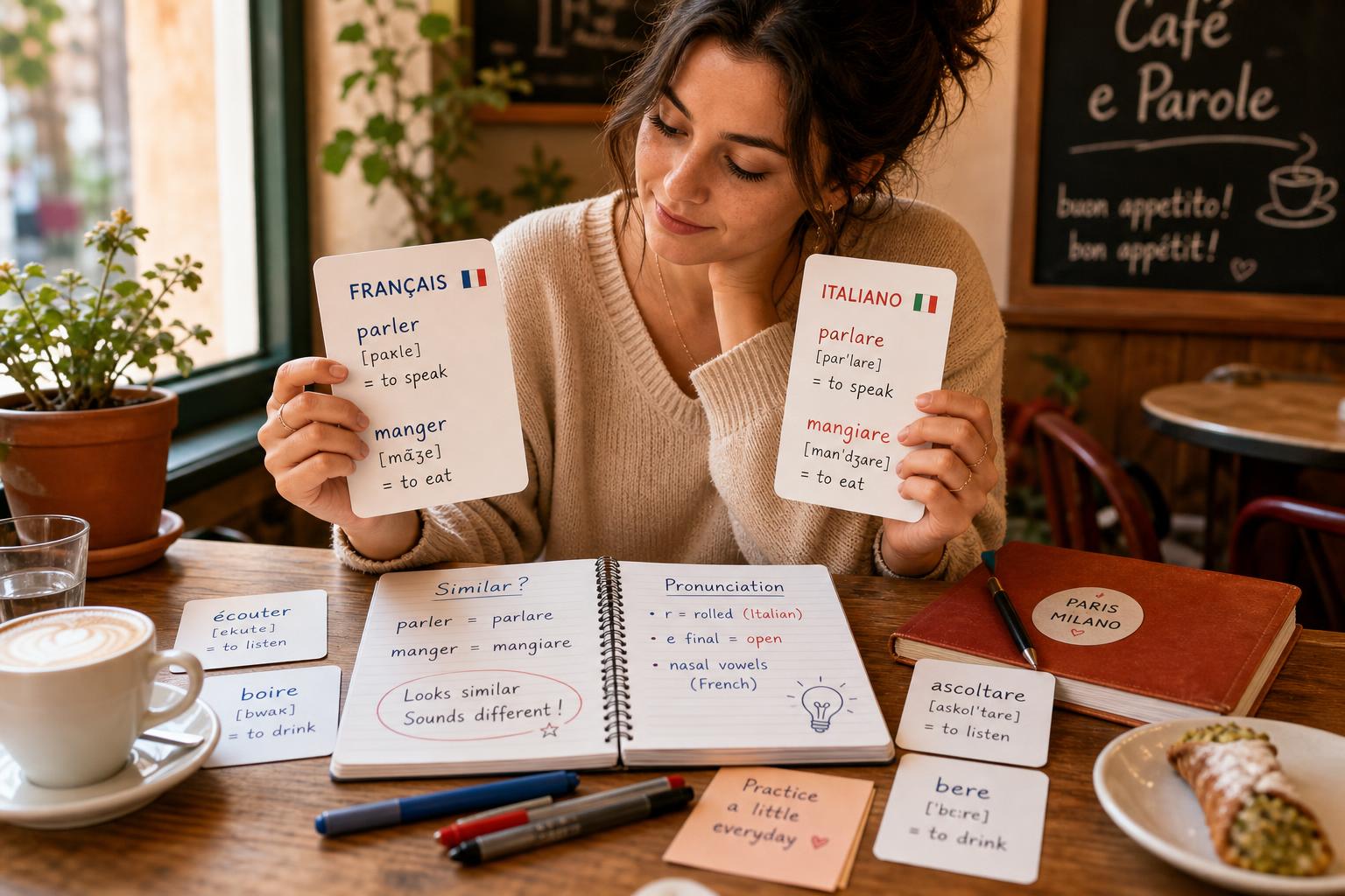 Illustrated side-by-side comparison of French and Italian study notes