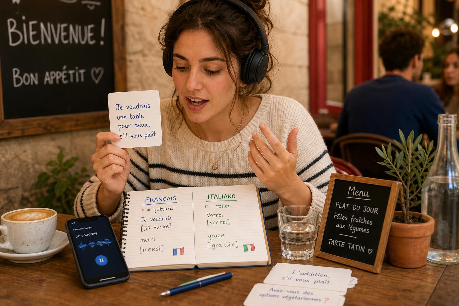 Illustrated learner comparing French and Italian pronunciation and study resources