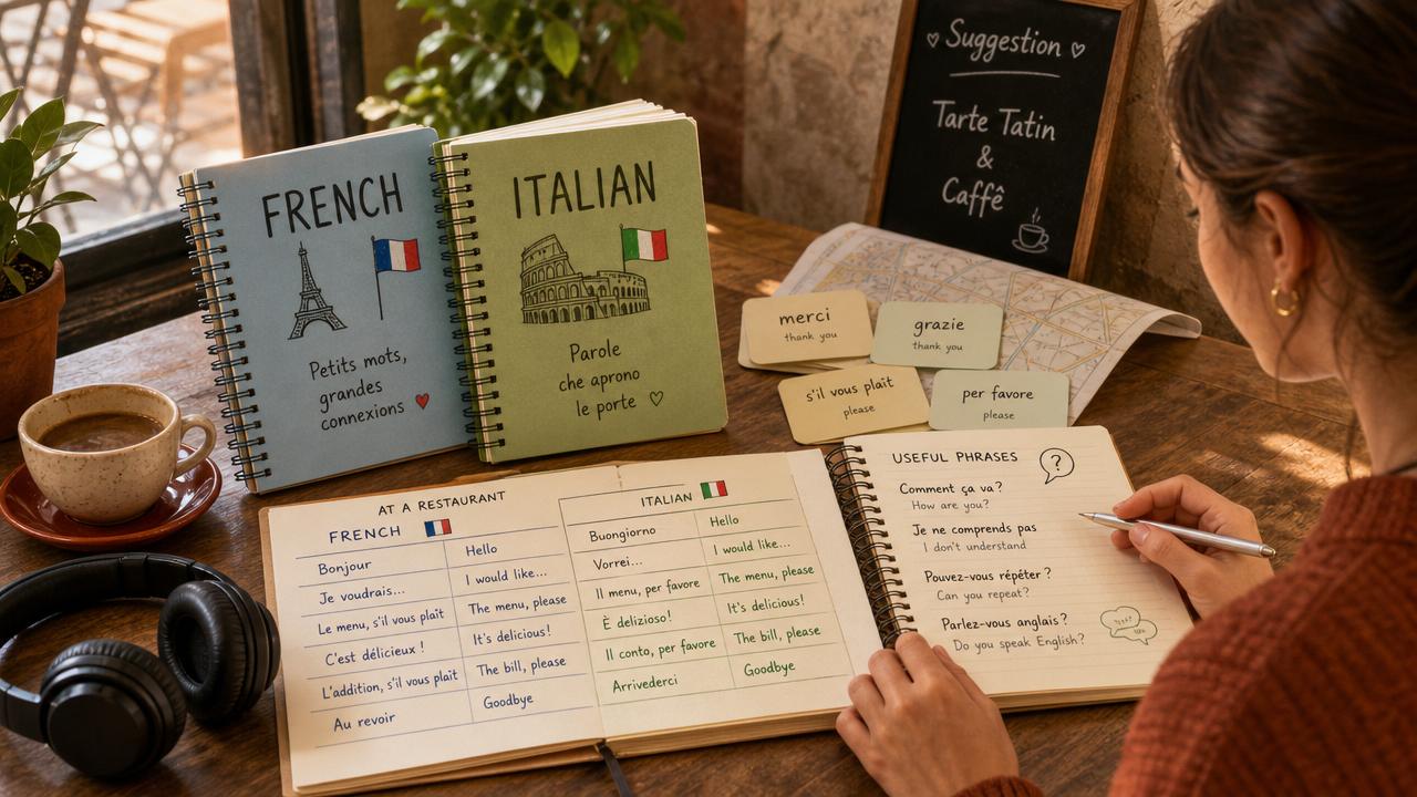 Illustrated comparison of French and Italian language study materials on a desk