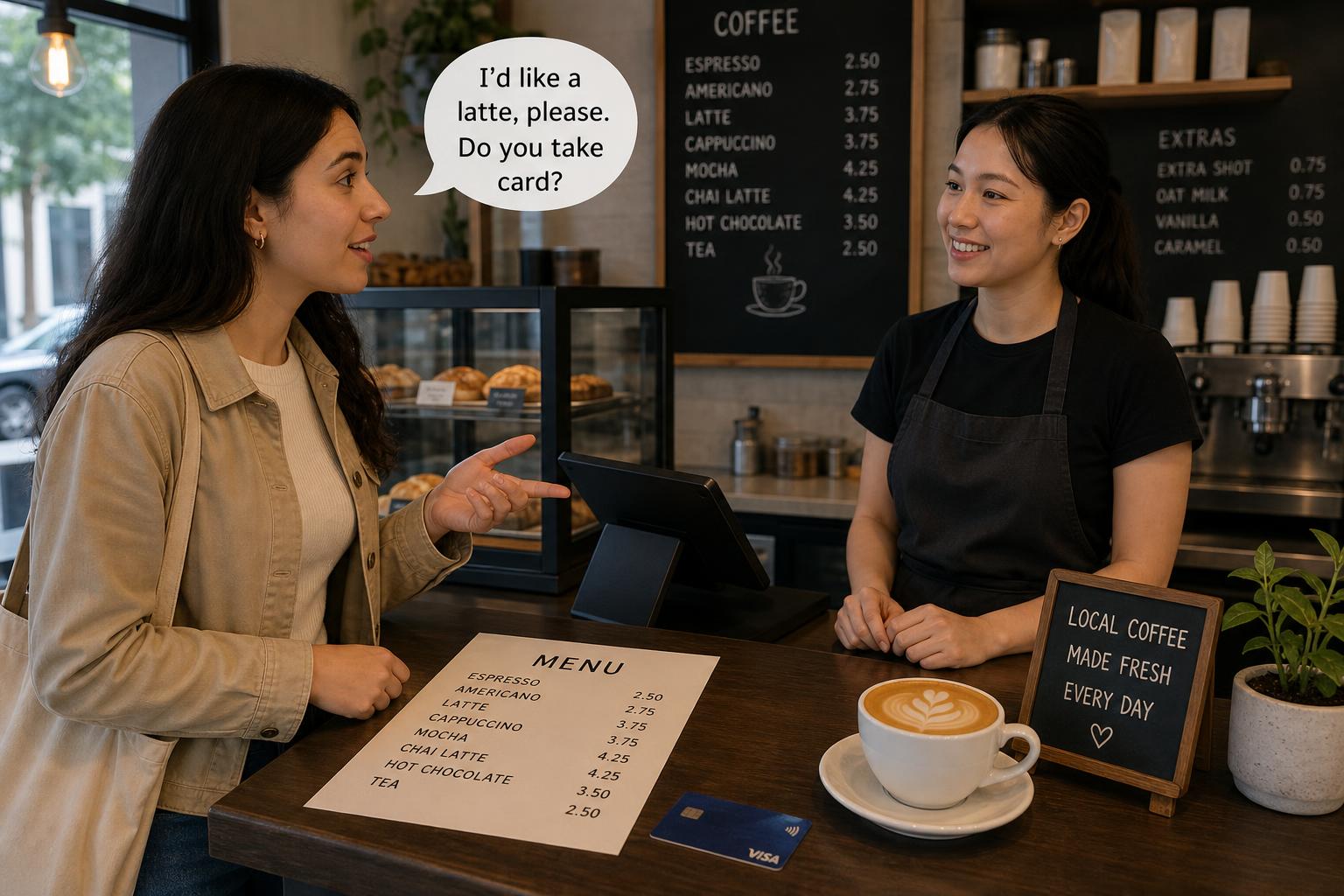 German learner asking practical café and shopping questions at a counter.