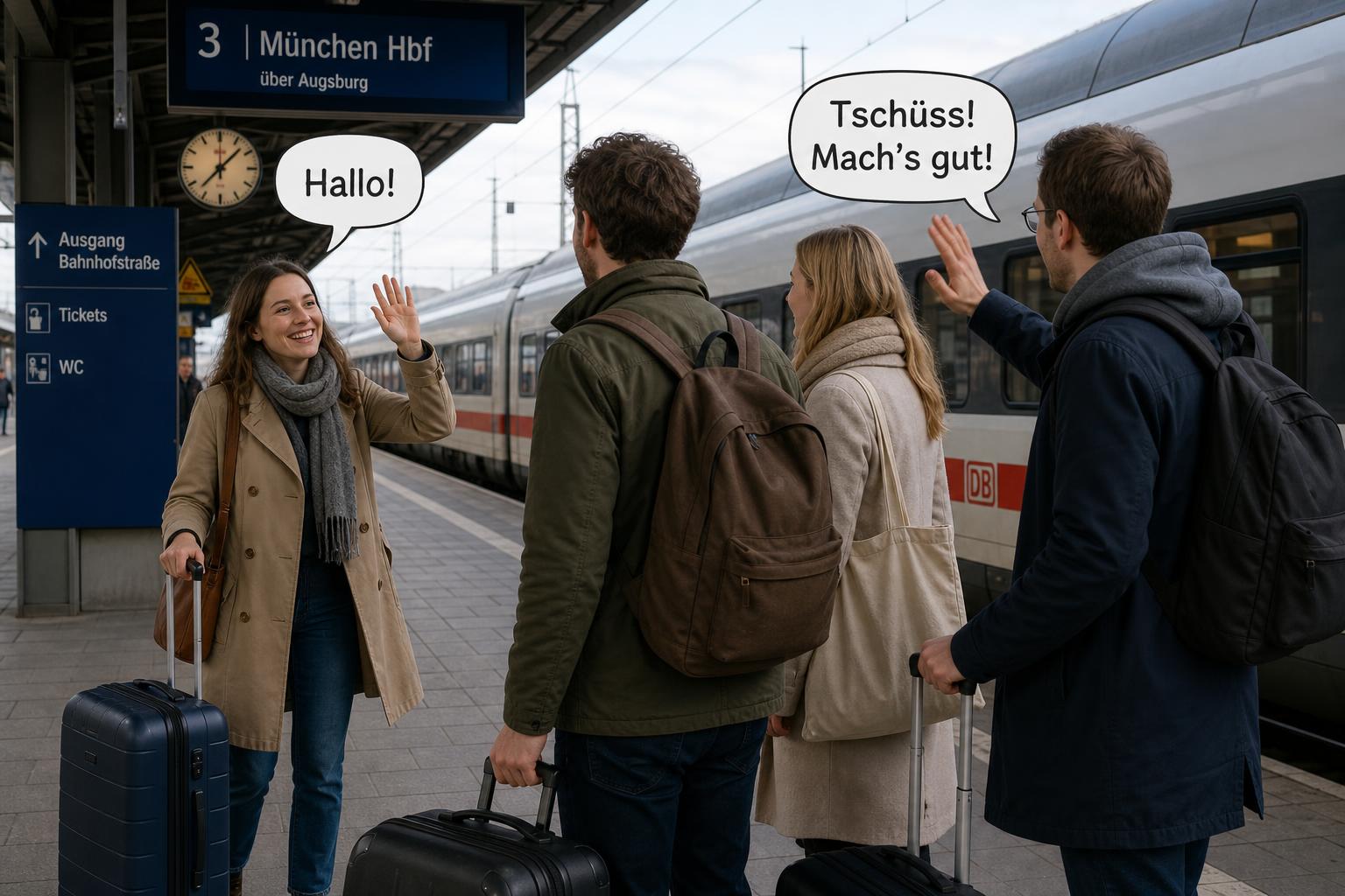 People greeting and saying goodbye at a train station in a German-speaking country.