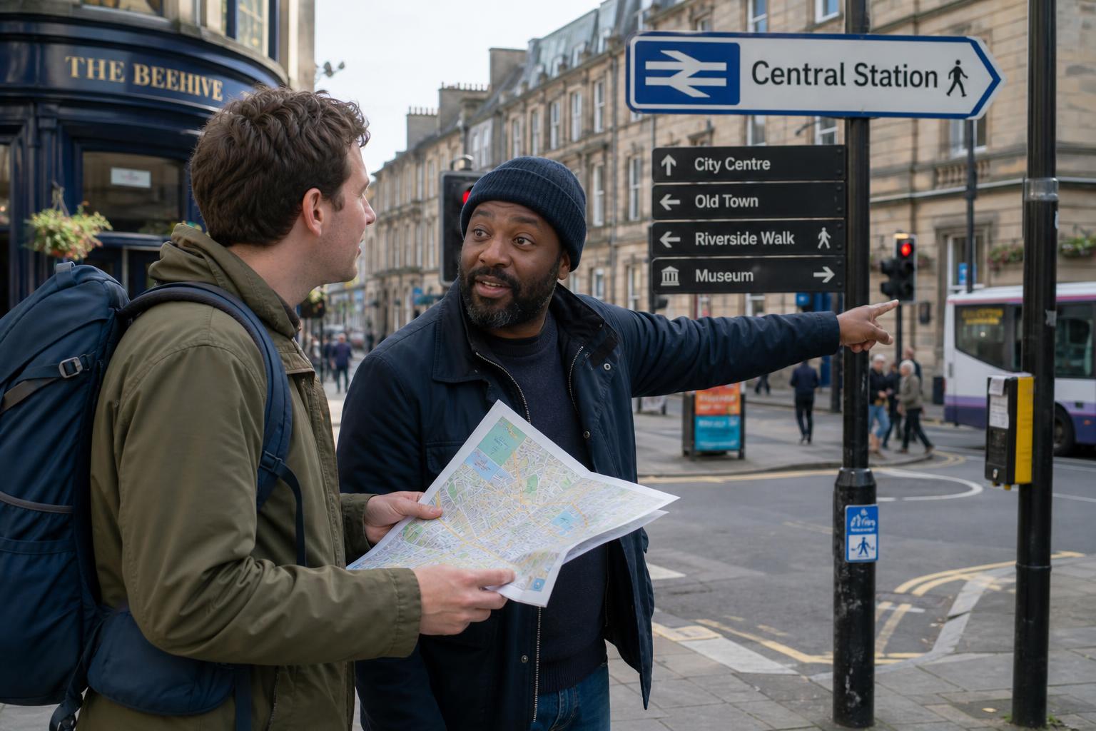 Traveler asking for directions in German at a city street corner.