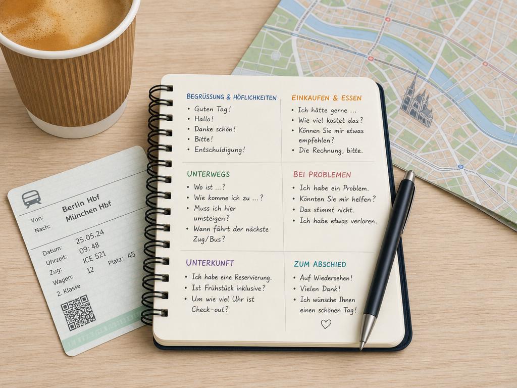 Notebook with German greetings and direction phrases for travel