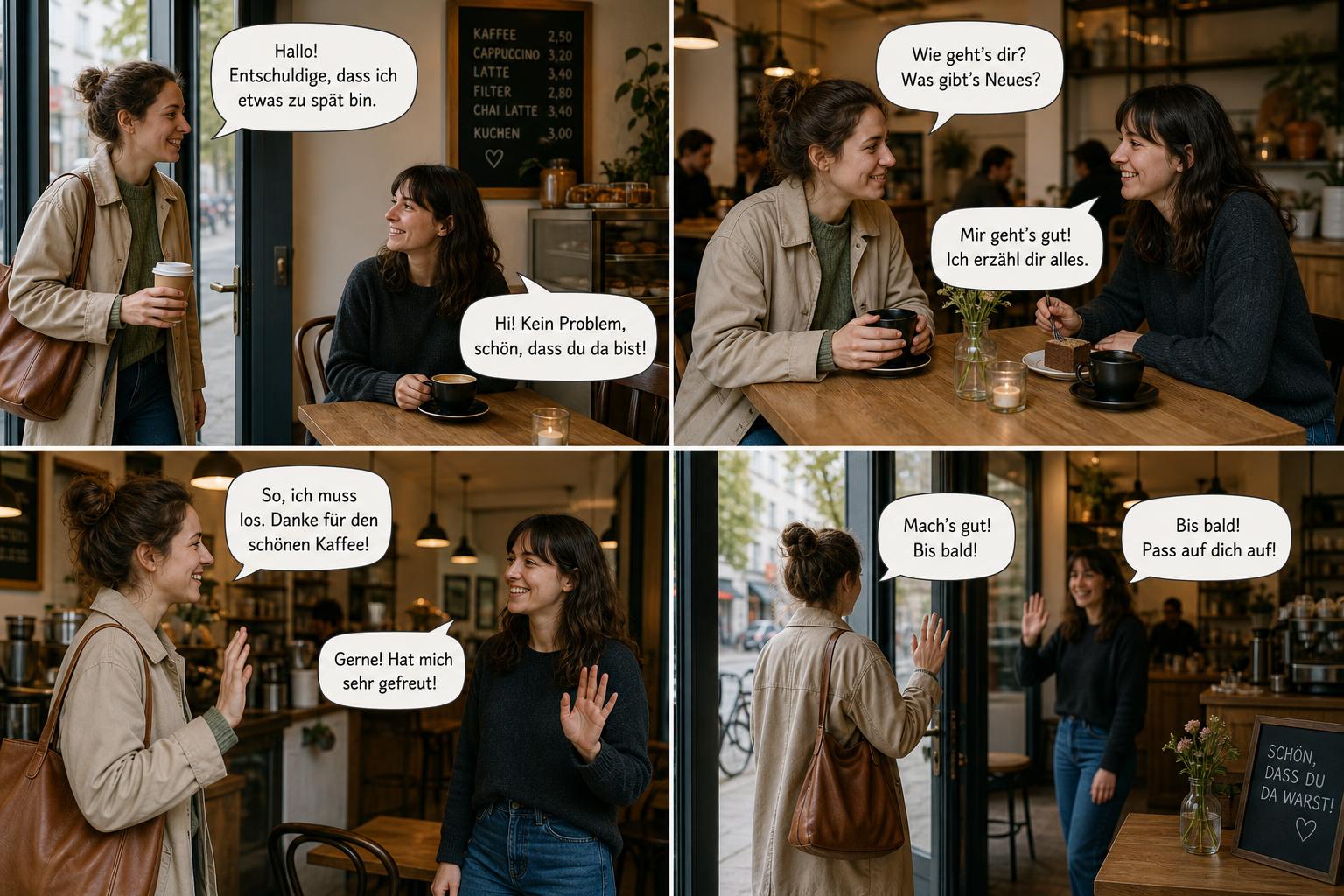 Two friends using casual German greetings and farewells in a café.