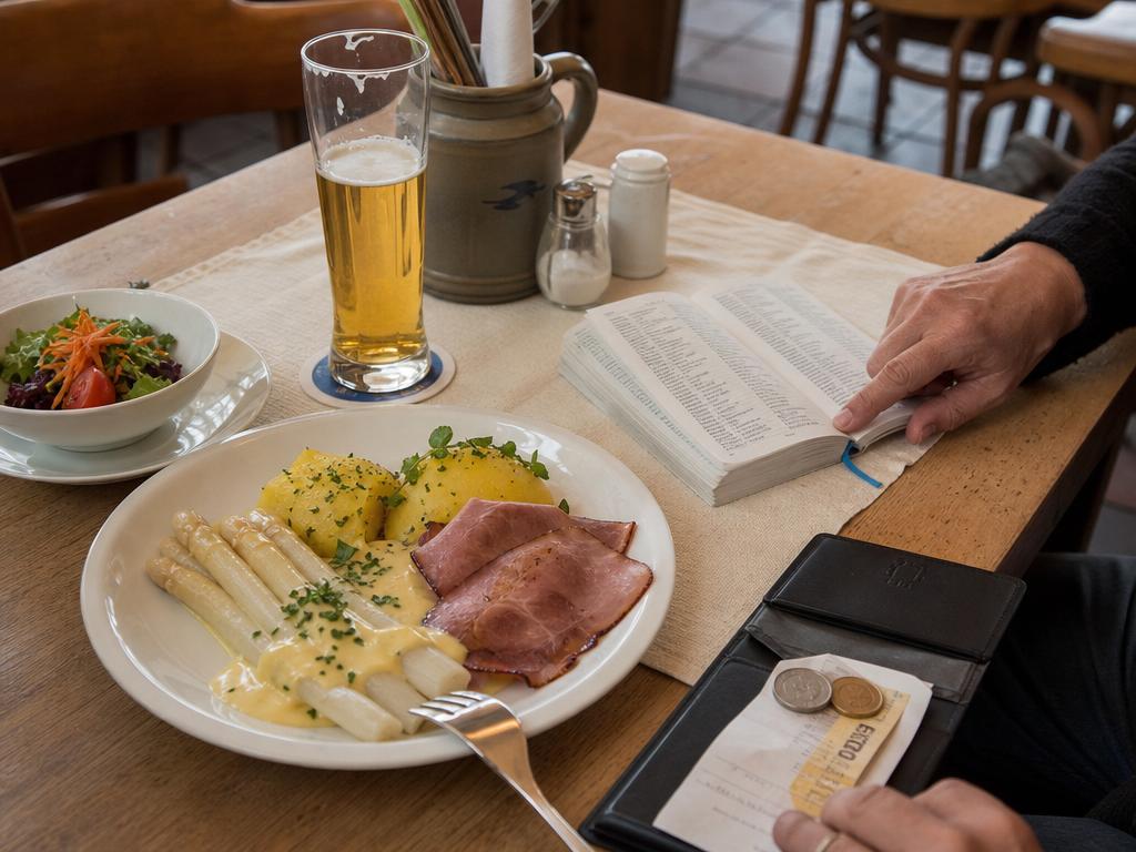 Restaurant table with a phrasebook for ordering food in German