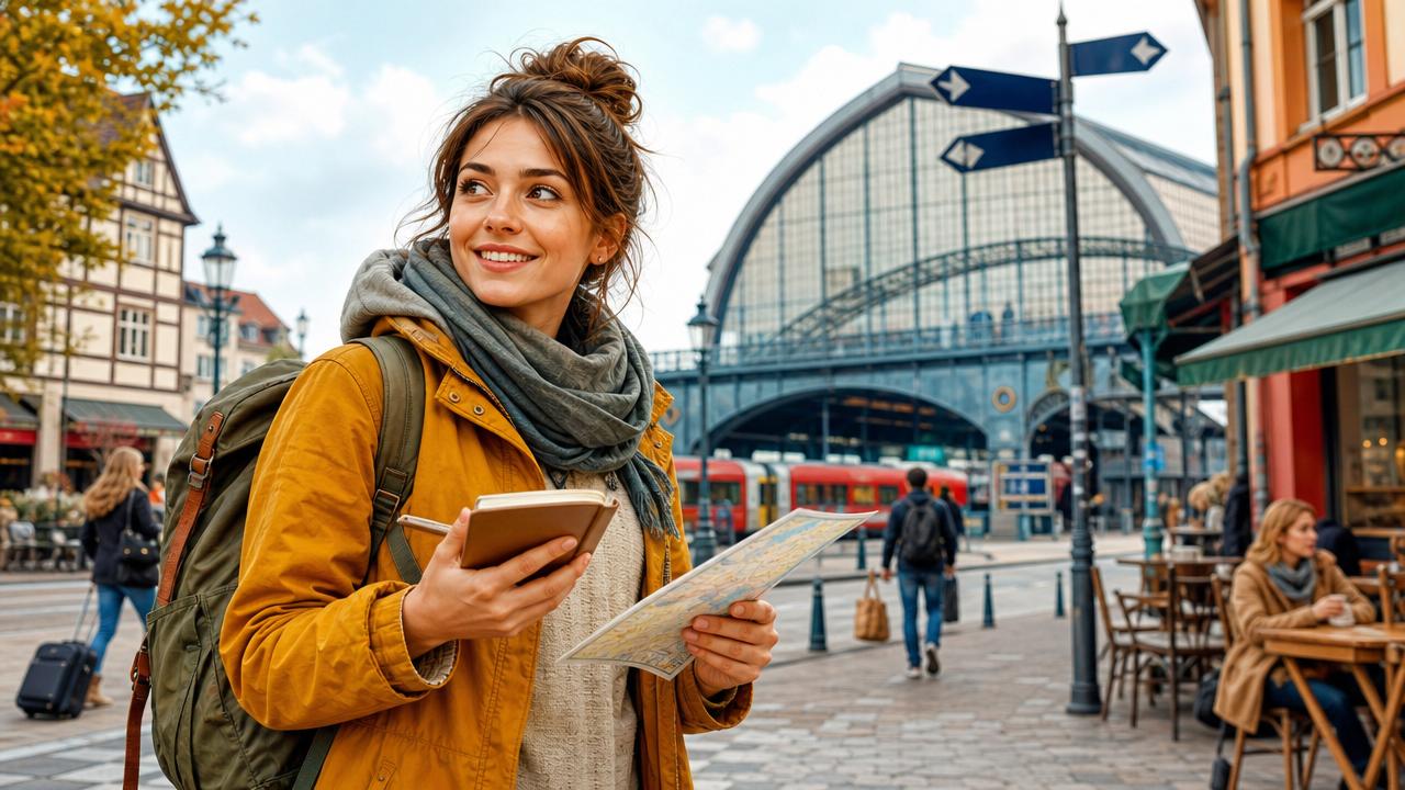 Traveler using a notebook of German travel phrases in a city setting near a train station