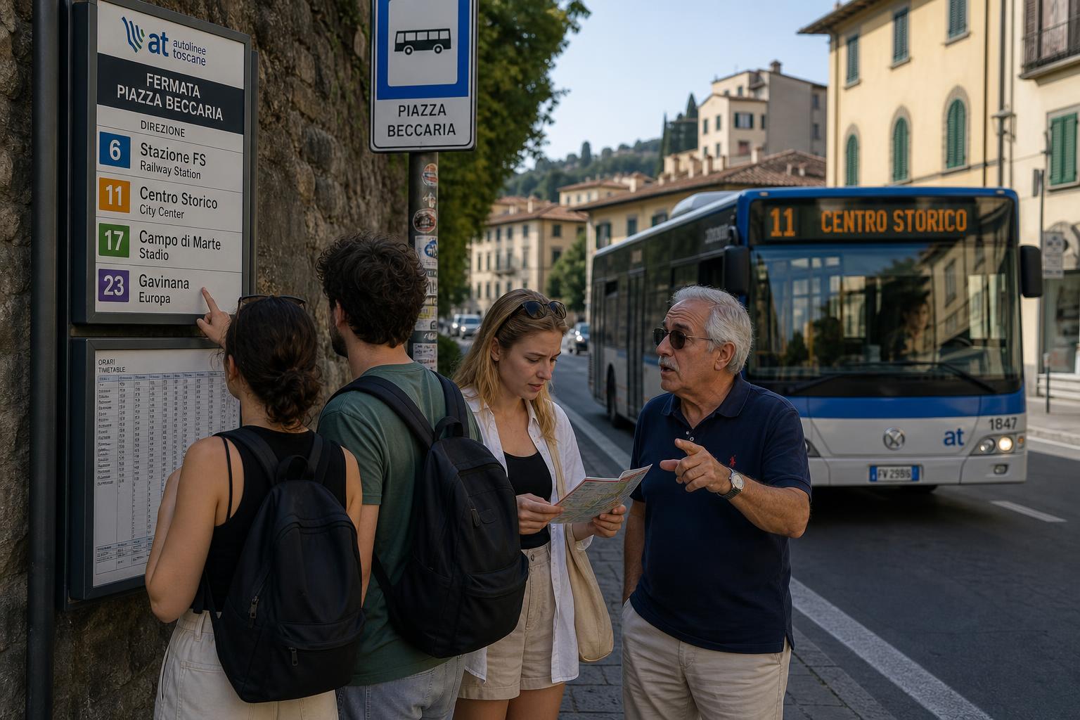 Travelers using Italian bus phrases while checking a route sign and asking where the bus goes.