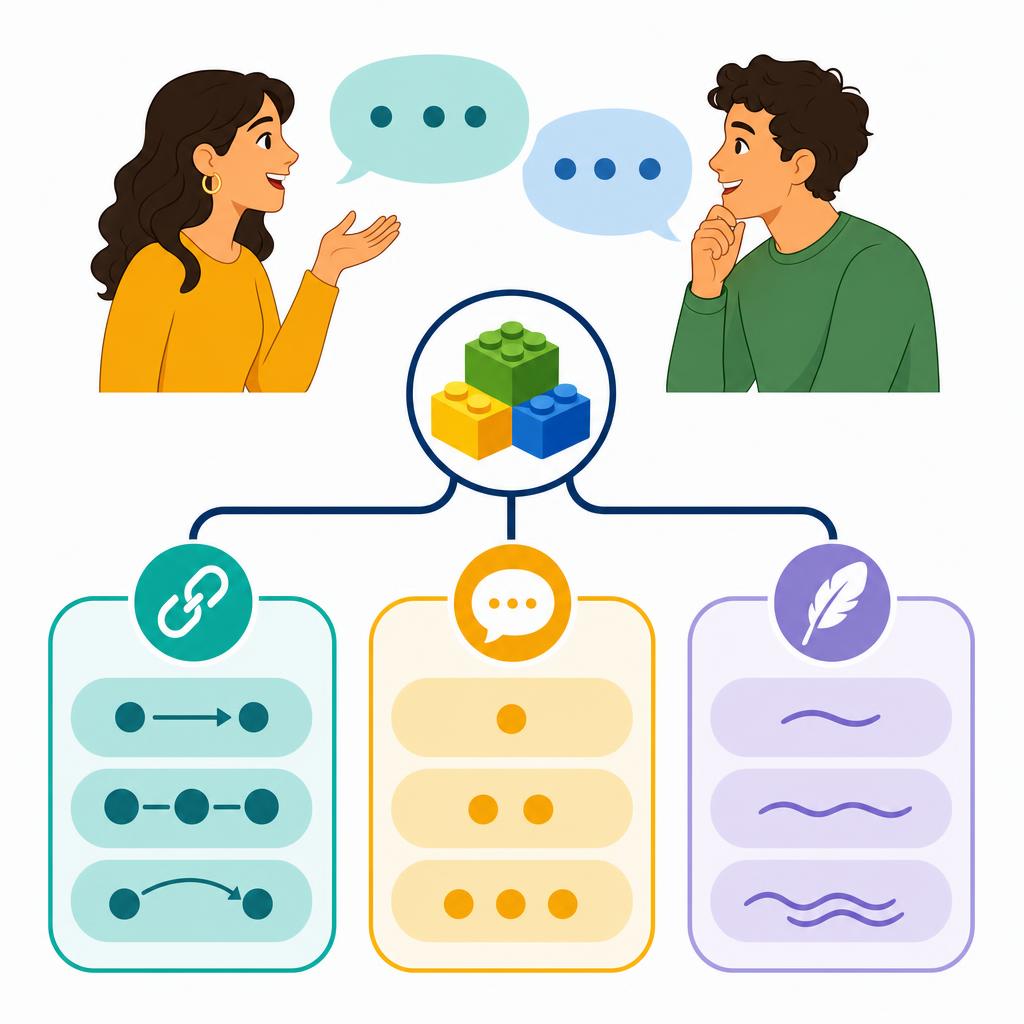 Illustration of Italian connectors, fillers, and softening phrases as simple conversation building blocks.