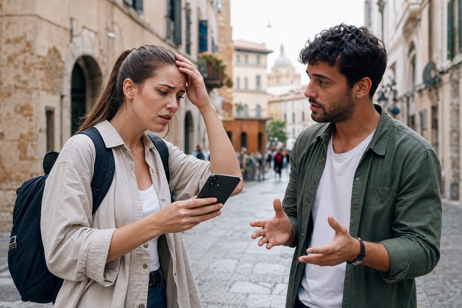 Traveler asking for help in an Italian street during an emergency