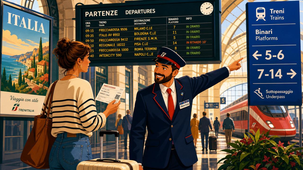 Traveler using Italian transportation phrases at a train station in Italy while checking a ticket and asking for the correct platform.