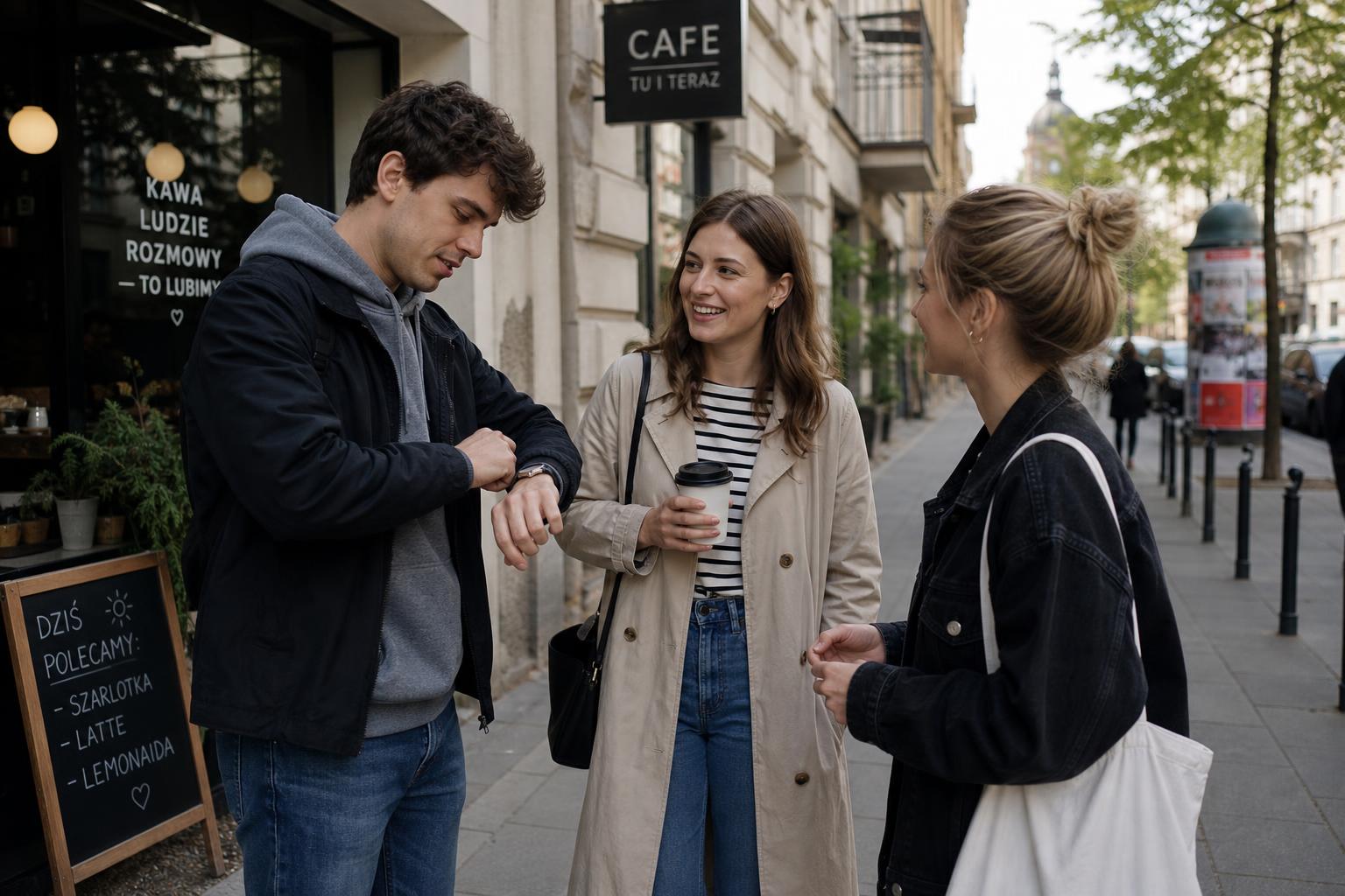 Friends meeting at a café while a beginner practices casual Polish phrases for going out.