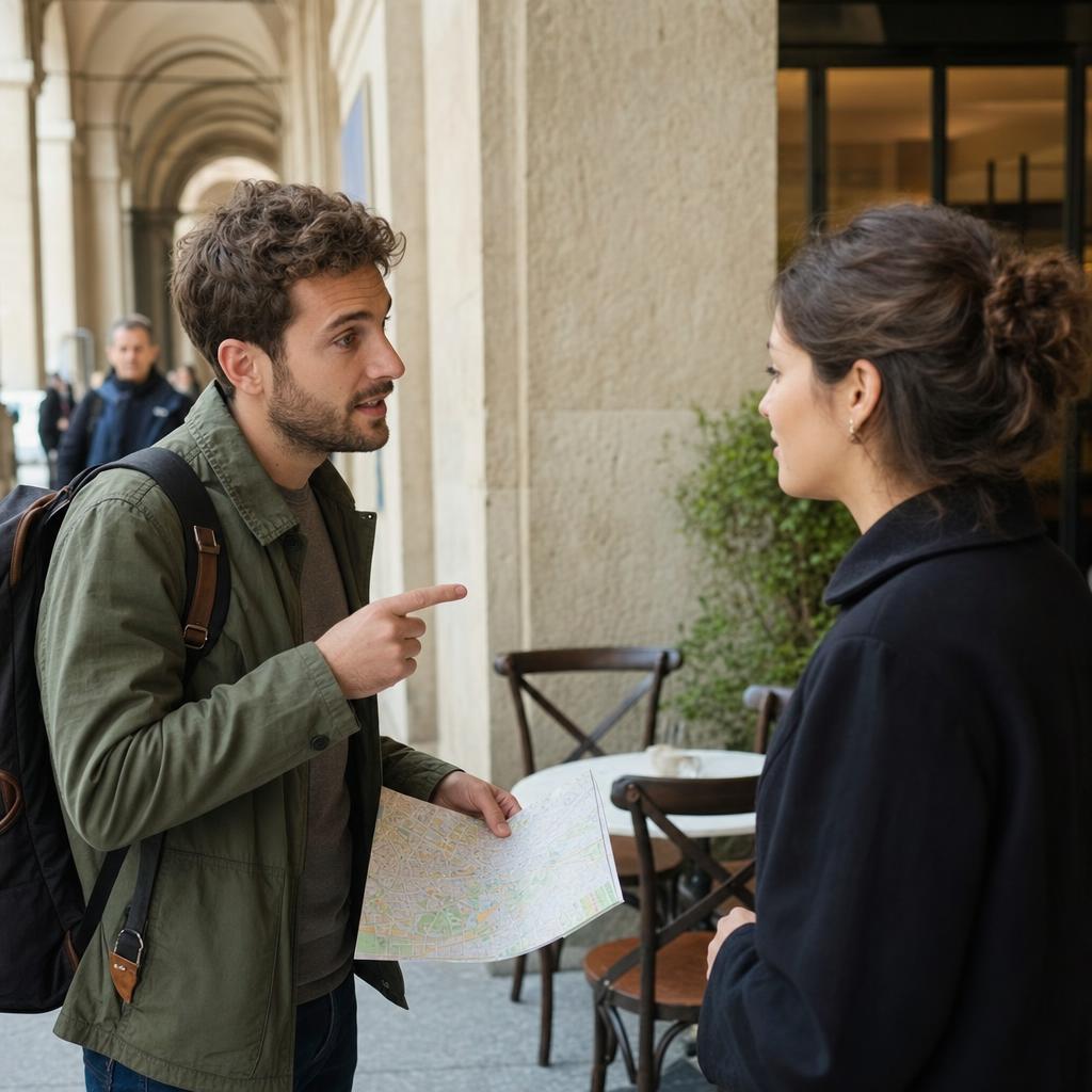 A traveler using polite Italian request phrases in a real-life conversation.