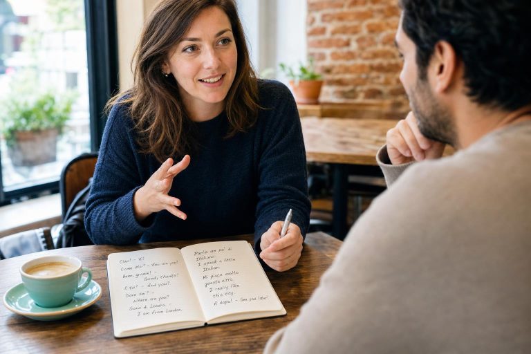 A learner practicing simple Italian conversation phrases in a bright cafe with a notebook open.