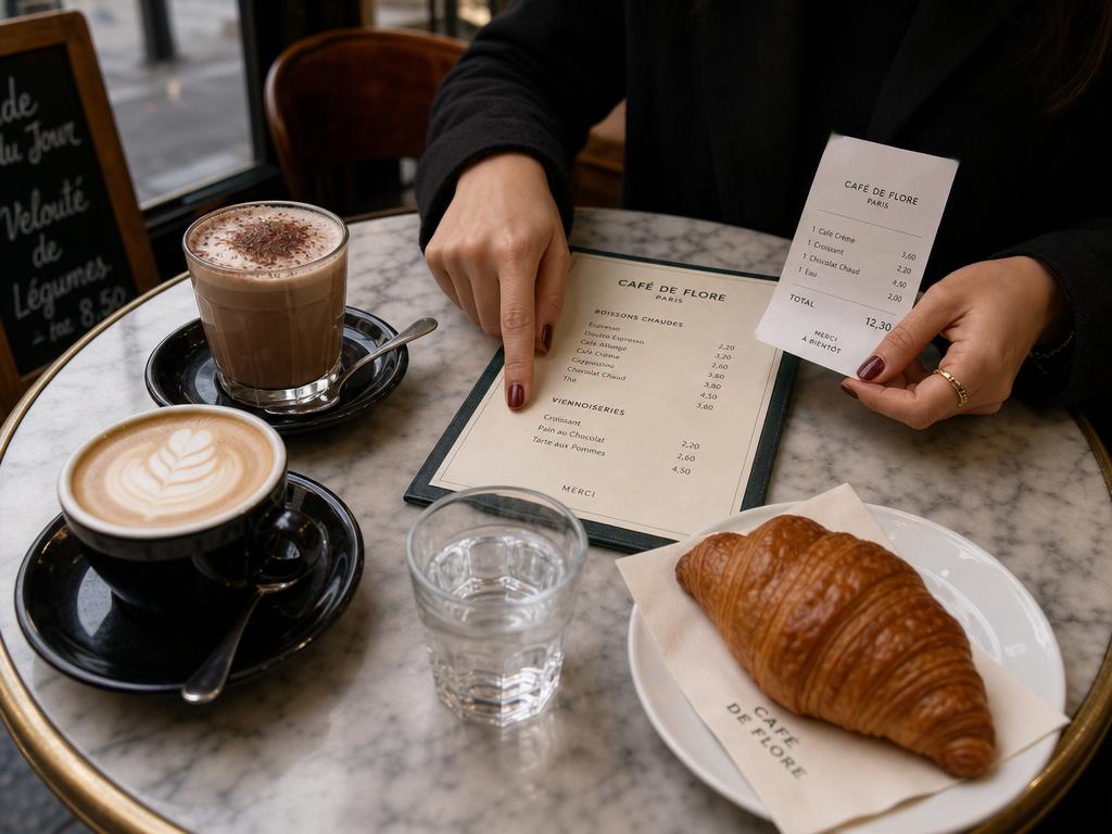 Coffee, croissant, and menu at a café table for practicing Spanish ordering phrases.