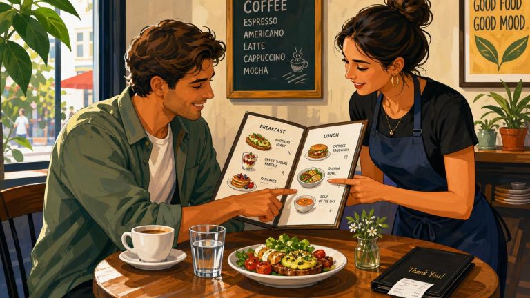 Traveler ordering food politely in a Spanish-speaking restaurant with menu, coffee, and bill on the table.