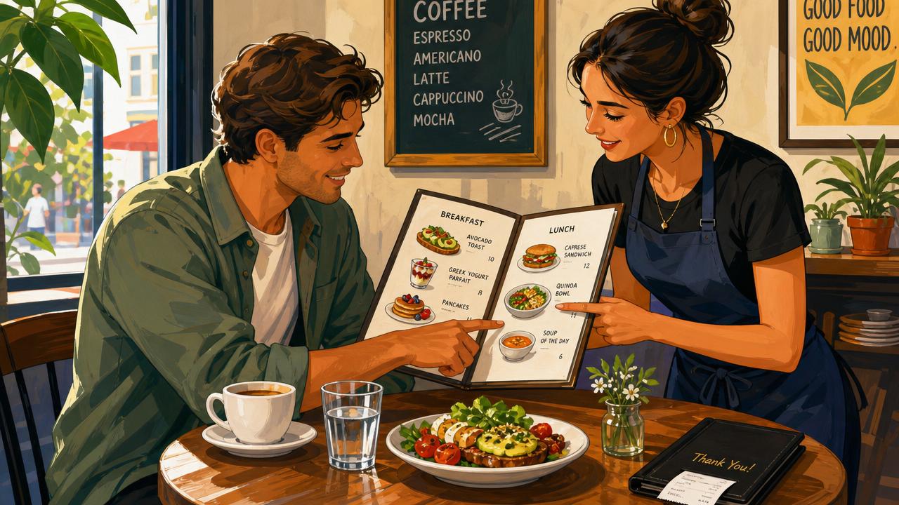 Traveler ordering food politely in a Spanish-speaking restaurant with menu, coffee, and bill on the table.
