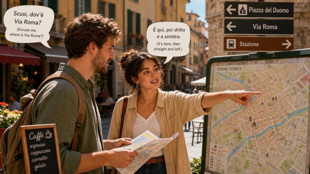 Illustration of a traveler asking for directions in Italian beside a street map in an Italian city
