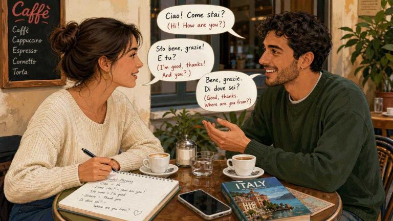 Illustration of beginner Italian greetings and small talk in a casual café conversation.