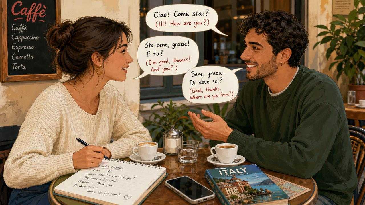Illustration of beginner Italian greetings and small talk in a casual café conversation.