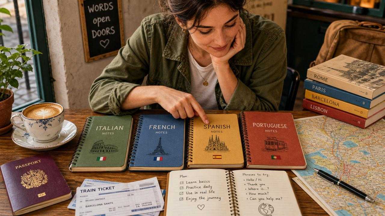 Travel planning scene with notebooks for Italian, French, Spanish, and Portuguese beside a passport and map