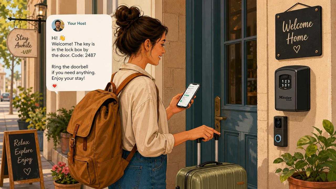 Traveler arriving at a short-term rental entrance while checking a host message on a phone