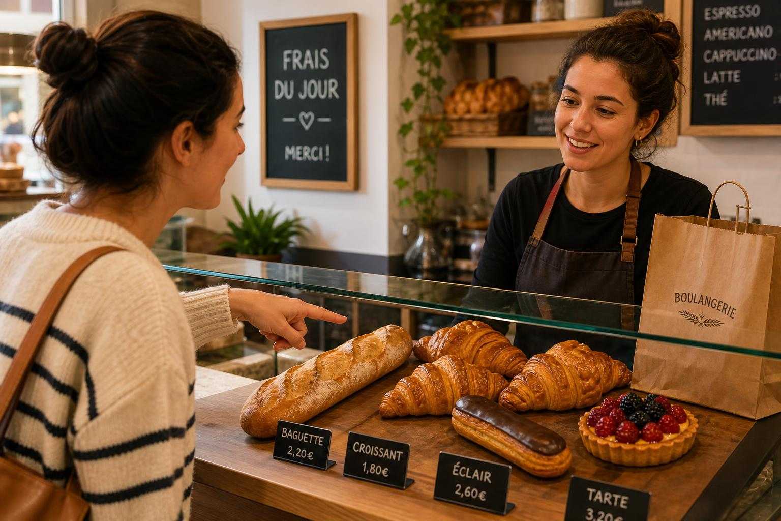 Bakery counter with French pastries and a customer ordering at the display case