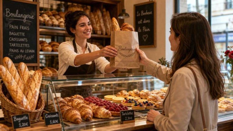 French bakery counter with bread, pastries, and a customer ordering at the counter