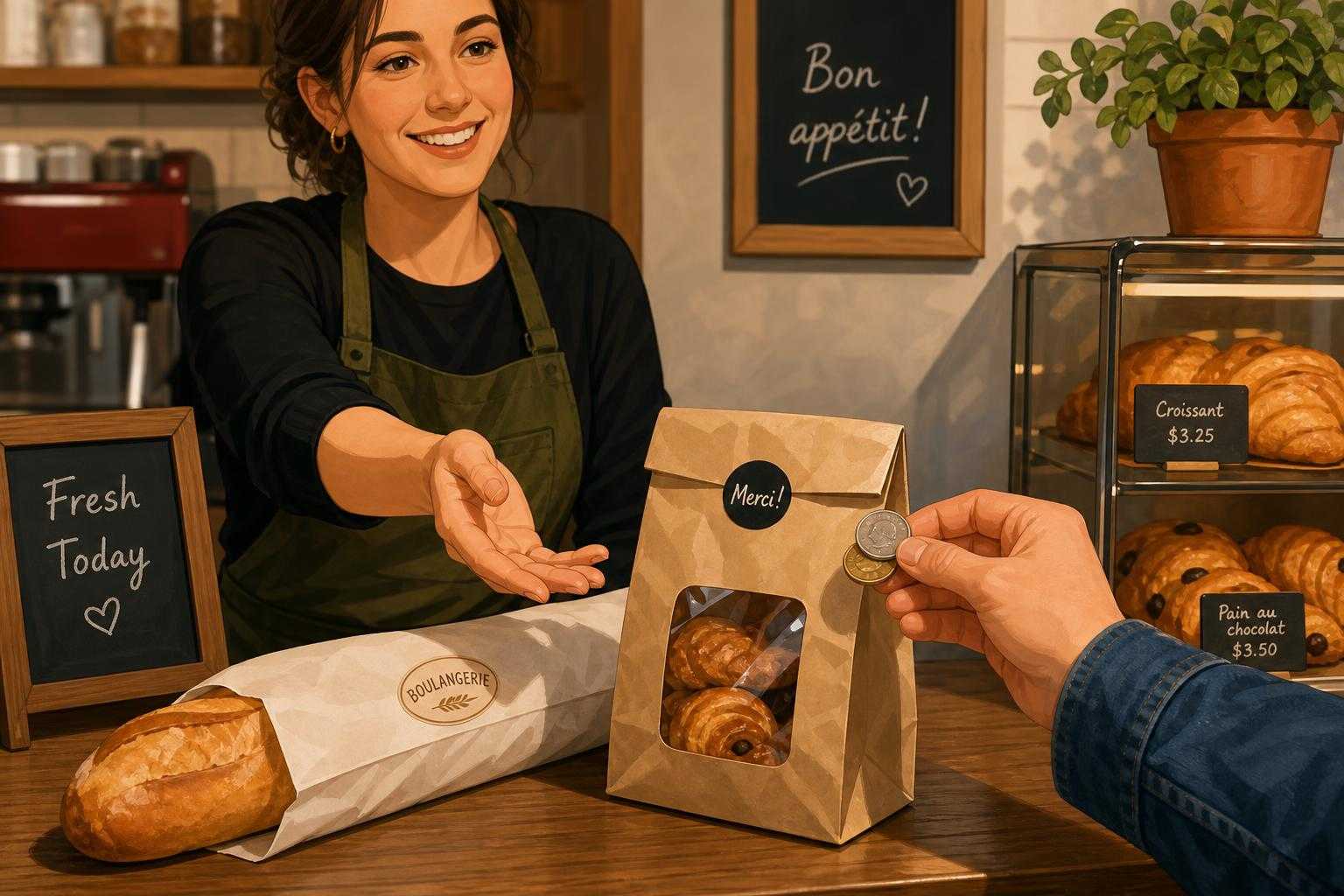 Takeaway bakery order with baguette, pastries, and payment at the counter