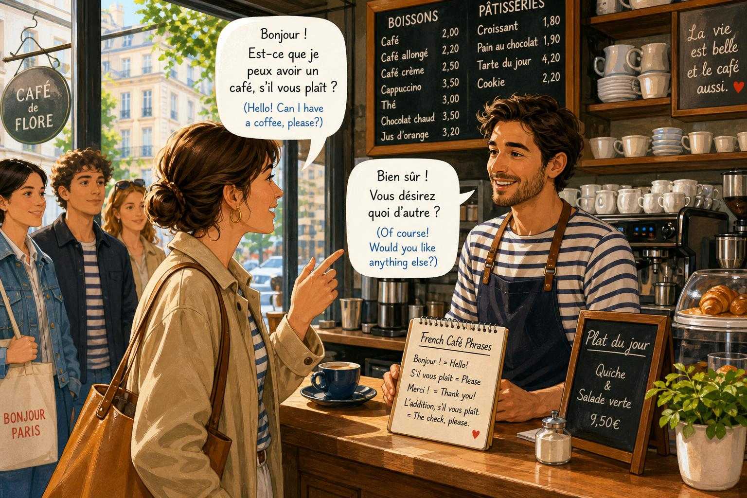 Traveler using French greetings at a café counter.