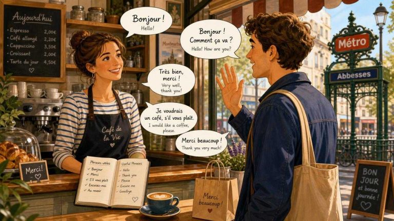 Illustrated scene of polite everyday French interactions in a café and shop setting