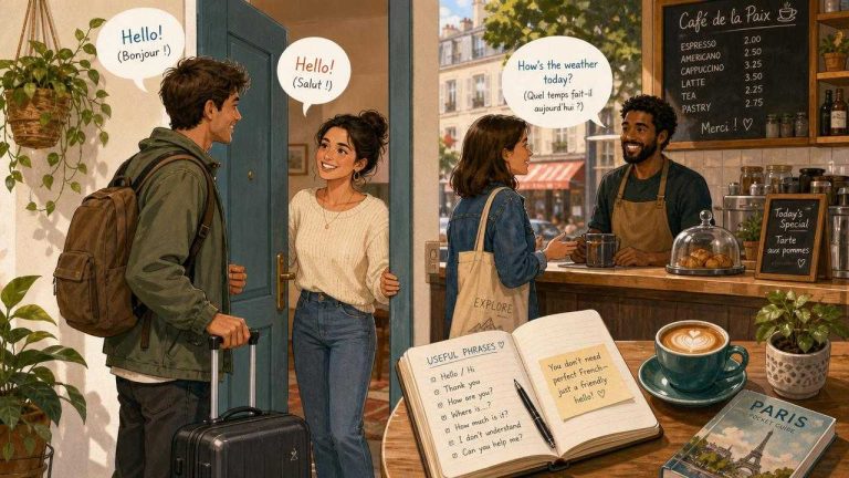 Traveler greeting a host and speaking friendly French small talk during a trip.