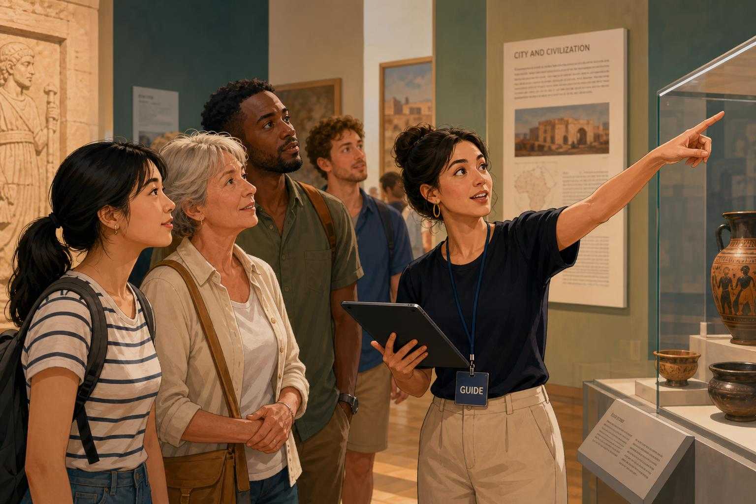 Guided museum tour group following instructions inside a gallery