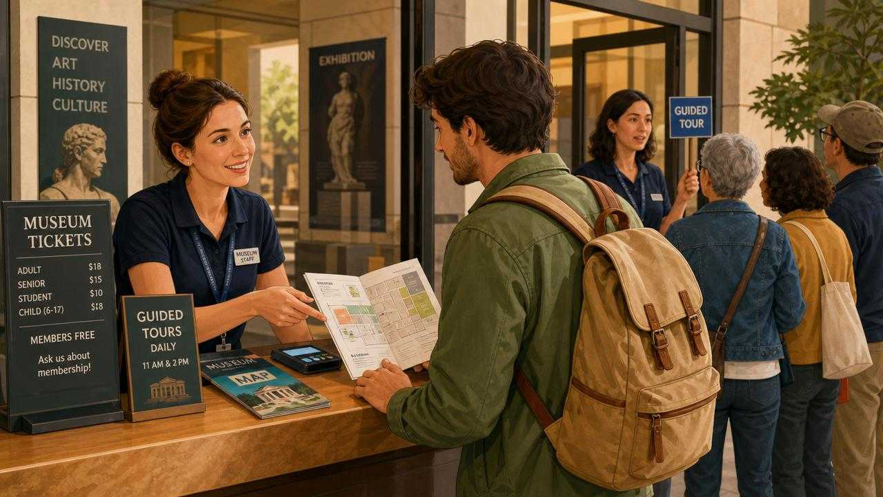 Traveler asking for museum tickets and guided tour information at a French museum entrance