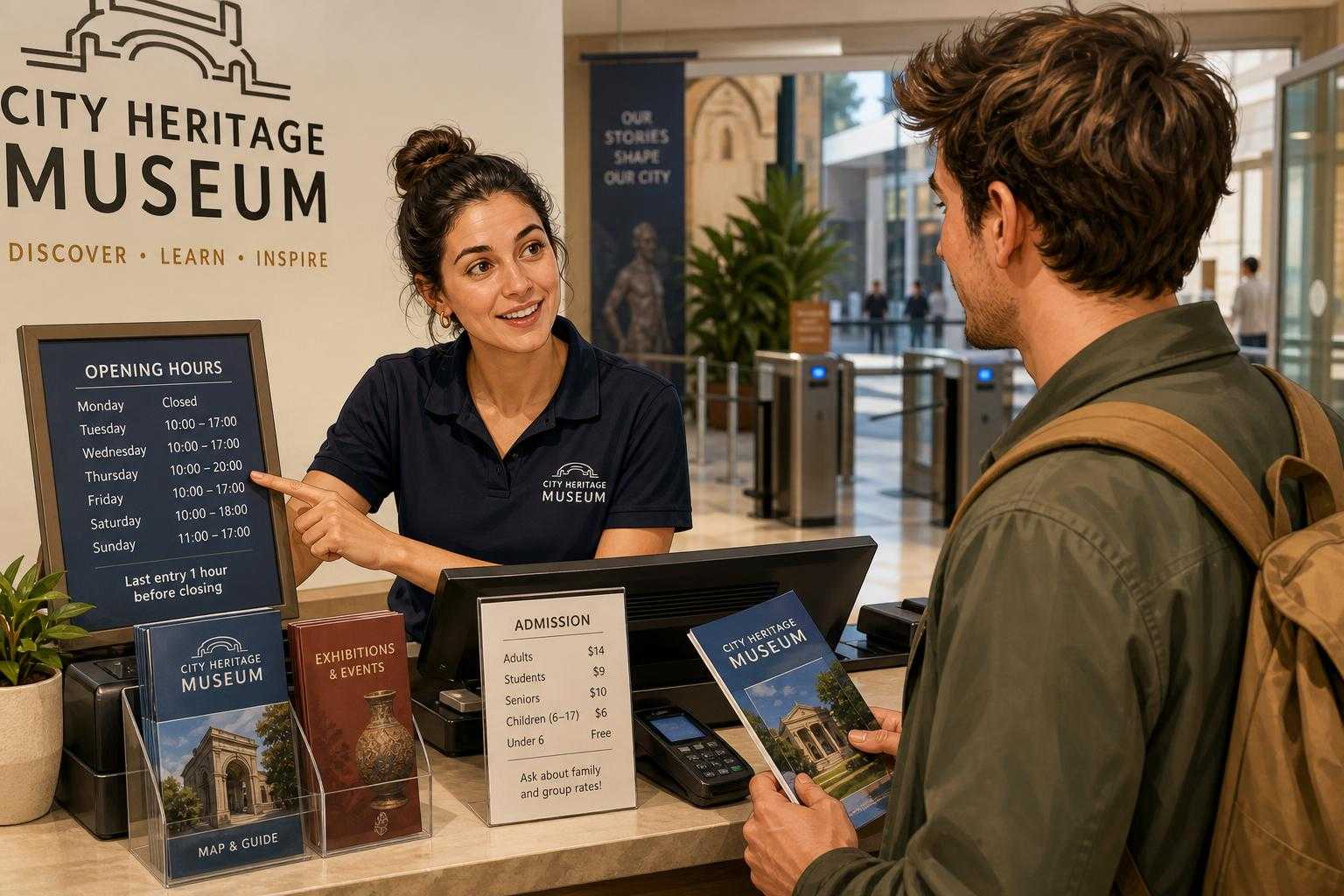 Museum ticket desk scene showing a traveler buying tickets and checking opening hours