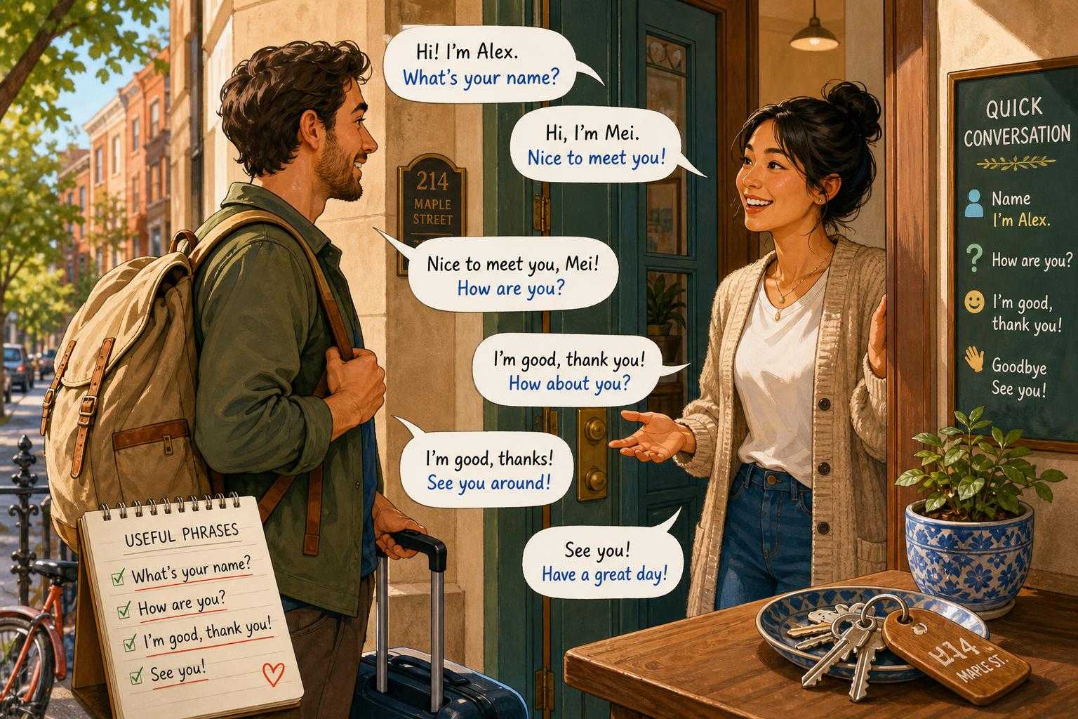 Traveler having a short French introduction with a neighbor.