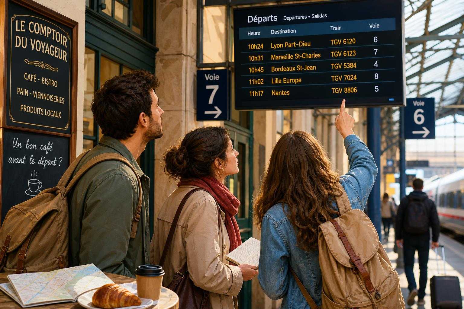 Travelers checking a French train departure board on the platform