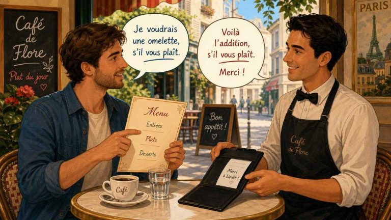 Illustrated restaurant scene showing French ordering and paying phrases at a café table.