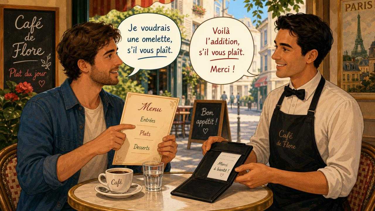 Illustrated restaurant scene showing French ordering and paying phrases at a café table.