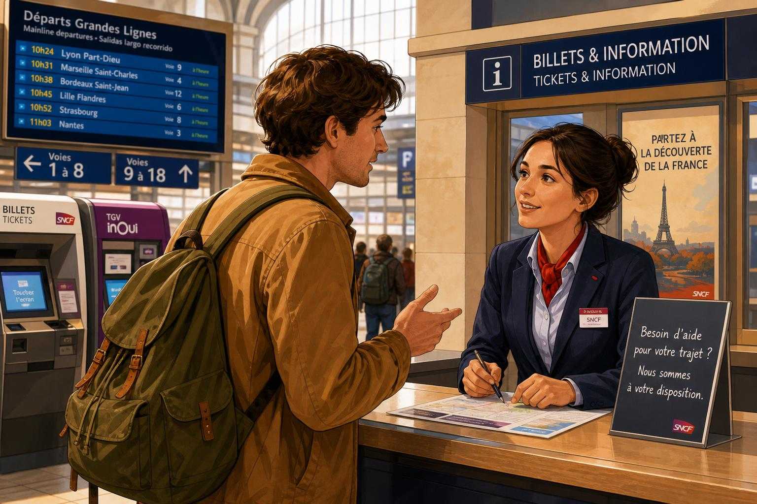 Traveler asking for help at a French train station ticket counter