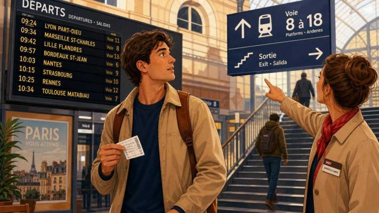 Traveler checking a French train station departure board and platform signs with a ticket in hand