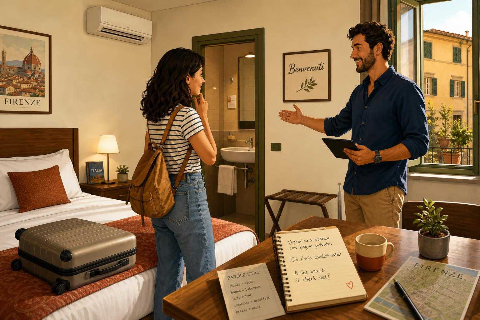 Traveler asking about room features in an Italian hotel or guesthouse room
