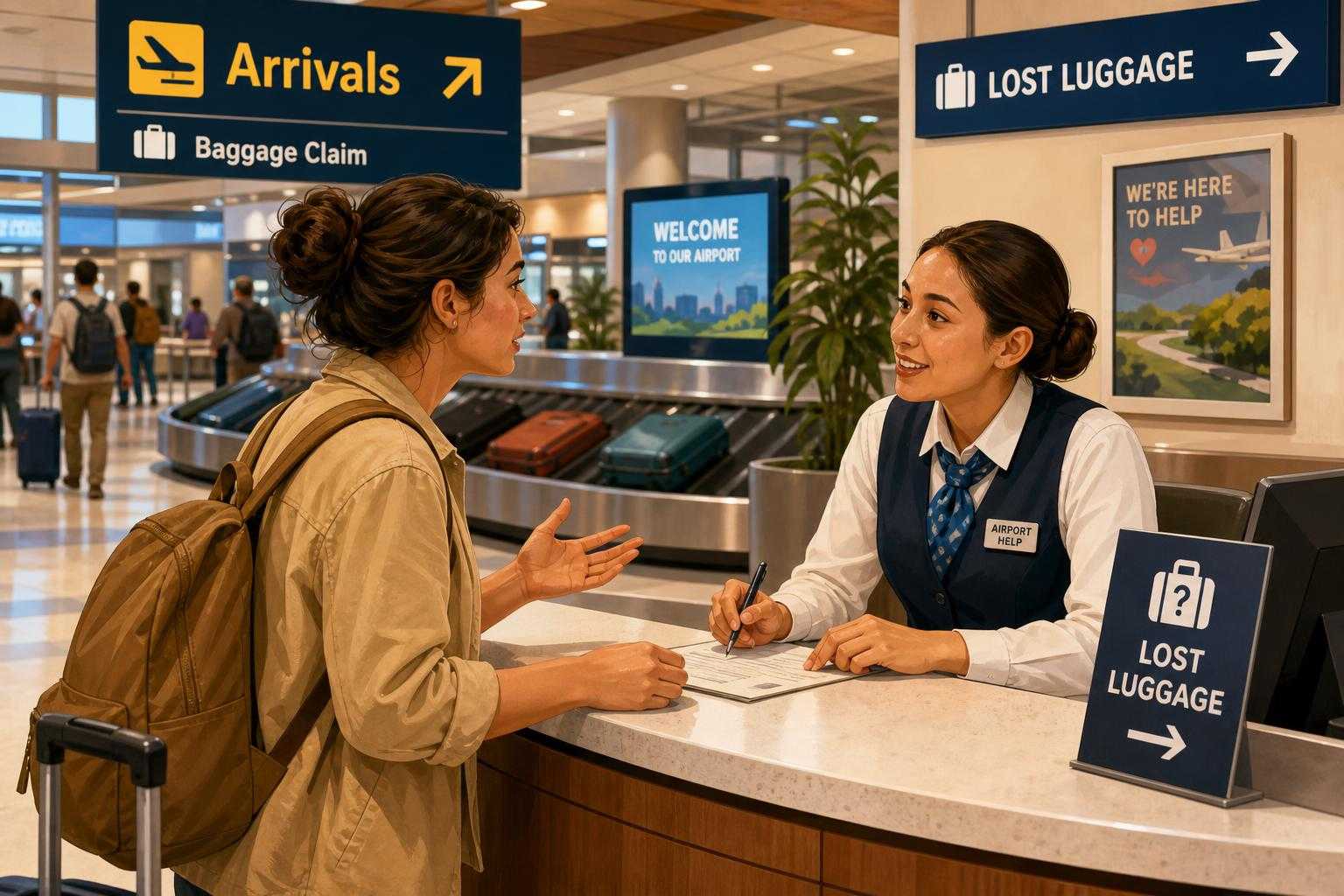Illustration of baggage claim and airport assistance for a missing suitcase.