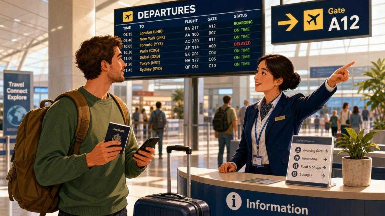 Illustration of a traveler asking for help at an airport gate with departure boards and luggage nearby.