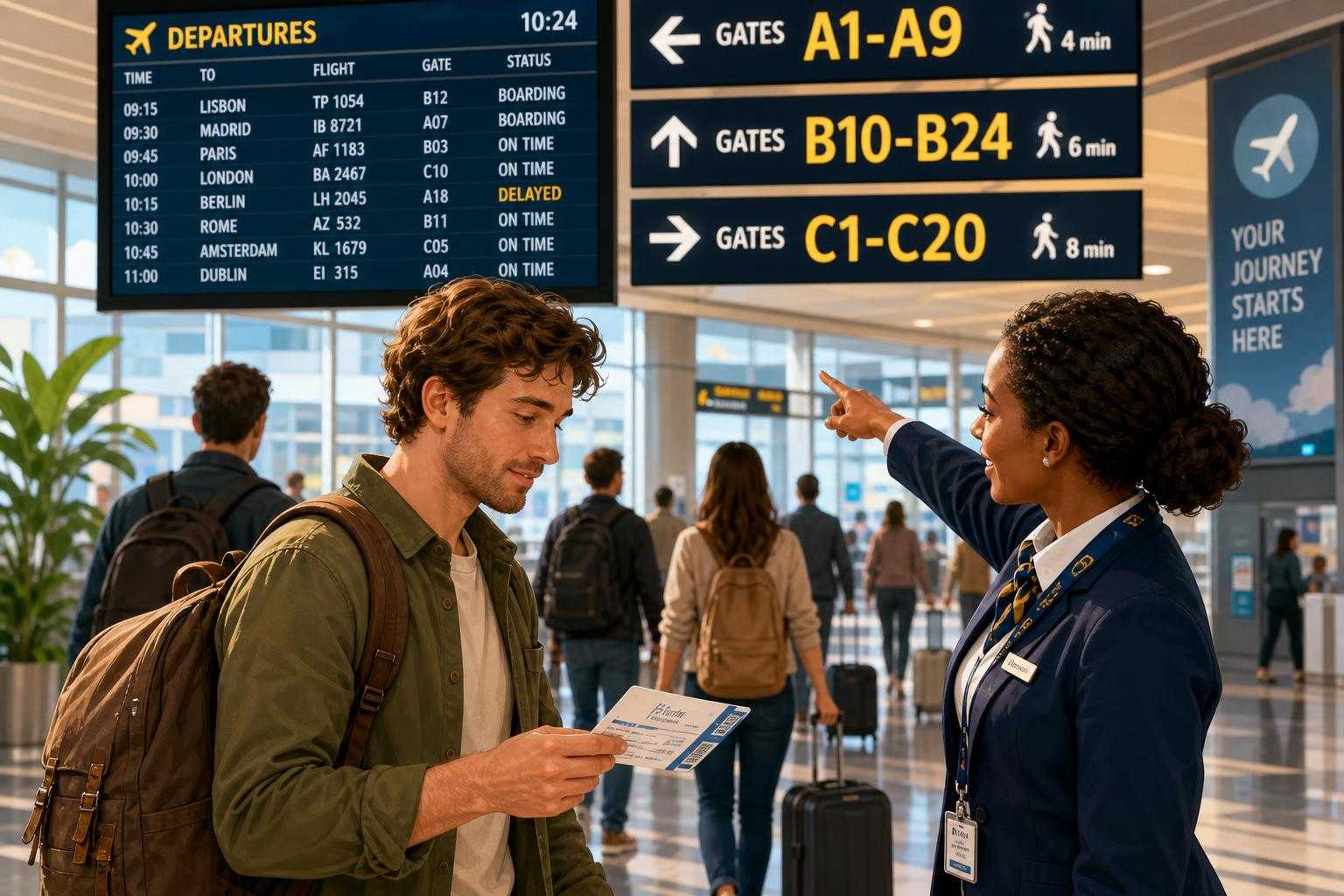 Illustration of airport boarding and gate directions with a traveler checking a boarding pass.